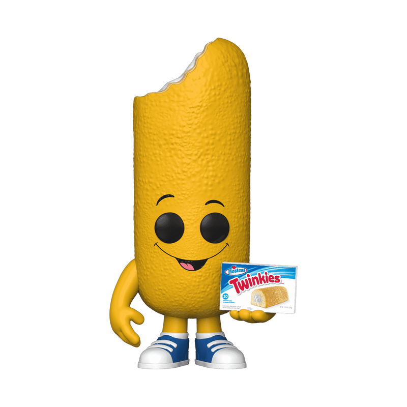 Pop! Twinkies, with a bite taken out of the top, holding a box of Hostess Twinkies
